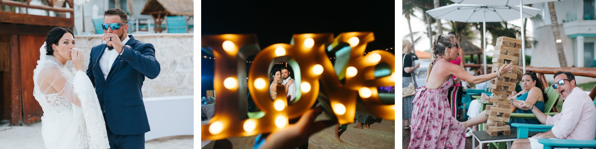 Photo collage of destination wedding showing bride and groom, love light, and guest playing jenga at the reception