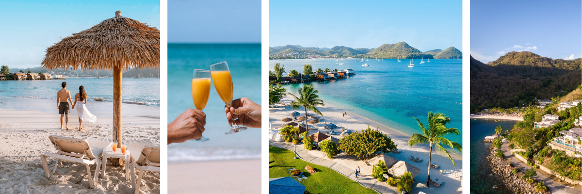 Collage image with pictures of a man and a woman holding hands walking along the beach in front of a straw umbrella, close up of two mimosas giving a cheers, high view of the beach with green mountain in the background, and a green mountain along the water edge with buildings down below